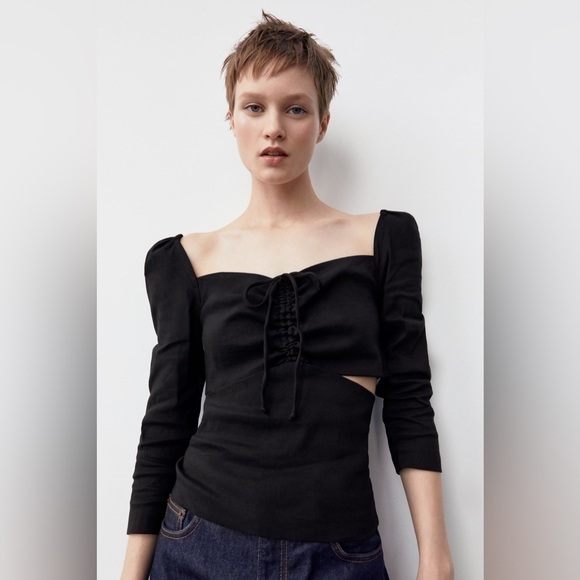 Zara Linen Blend Cut Out Top Black Puff Shoulders Cropped Small - Picture 3 of 16